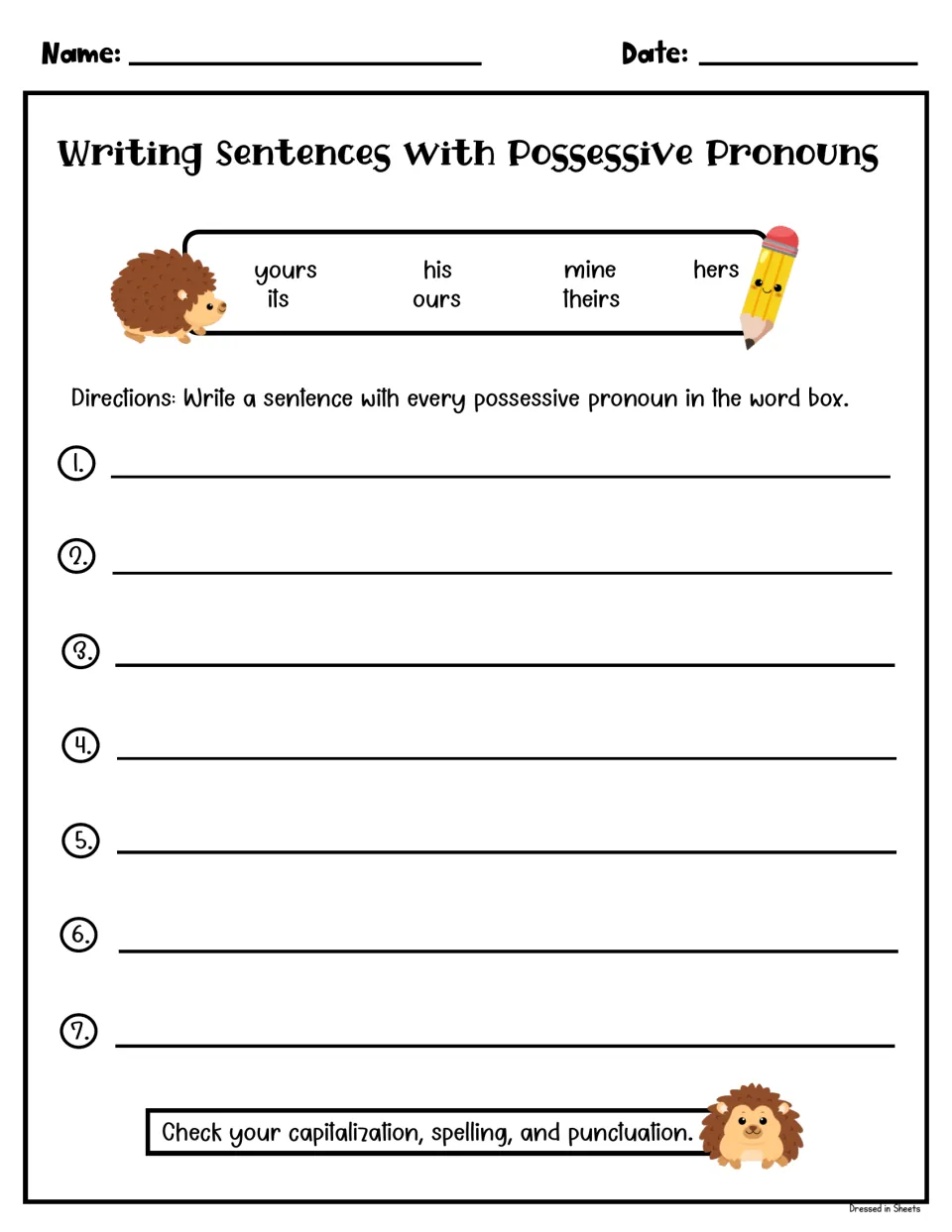 Writing sentences with possessive pronouns: students compose 7 original sentences, one for each word in the word box