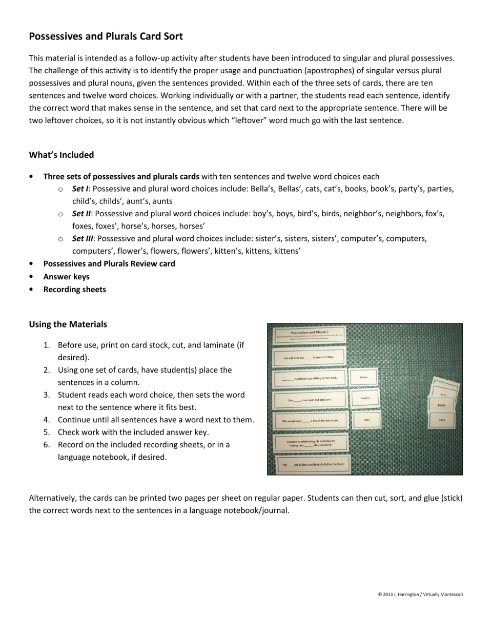 Teacher notes: what's included in Sets I to III, word choices for each set, and six steps for using the sentence cards