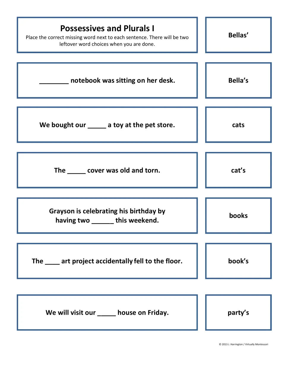Set I possessives vs plurals cards: students match Bella's, cats, cat's or books to the sentence each blank fits