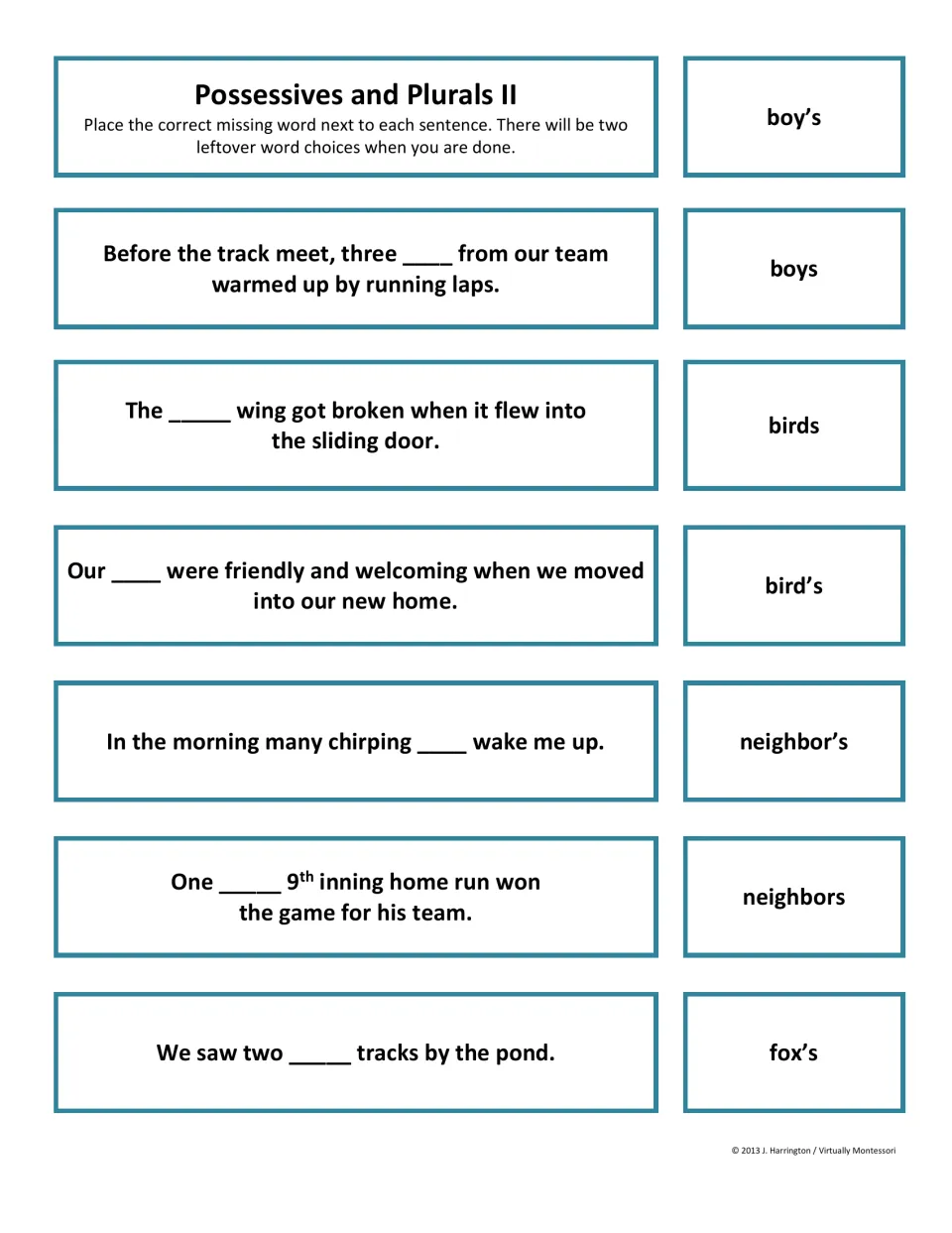 Set II sentence cards: students choose boy's, boys, birds, bird's, neighbor's, neighbors or fox's for each blank