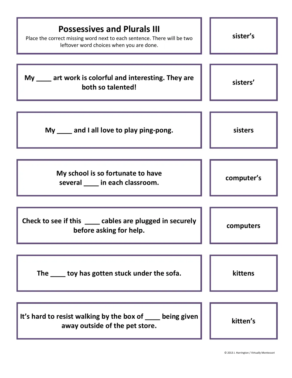 Set III sentence cards: choosing sister's, sisters', sisters, computer's, computers, kittens or kitten's for each blank