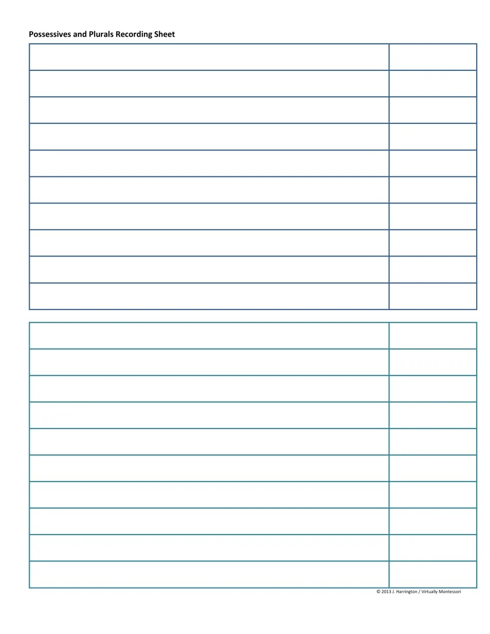 Possessives and plurals recording sheet: students write each completed sentence and the word they placed in the blank
