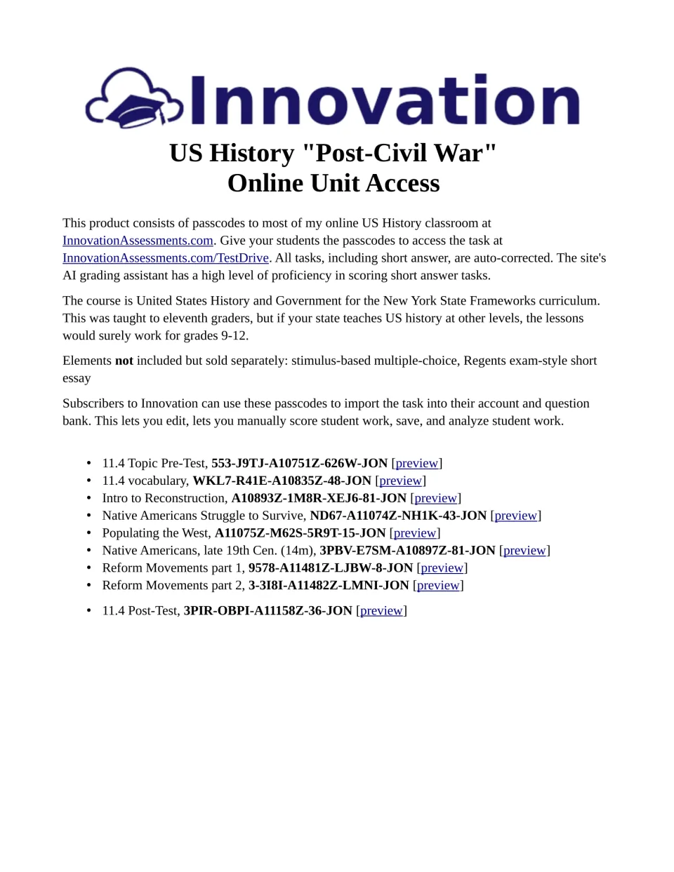 Online unit access sheet listing nine passcodes for post-Civil War lessons, vocabulary, pre-test and post-test