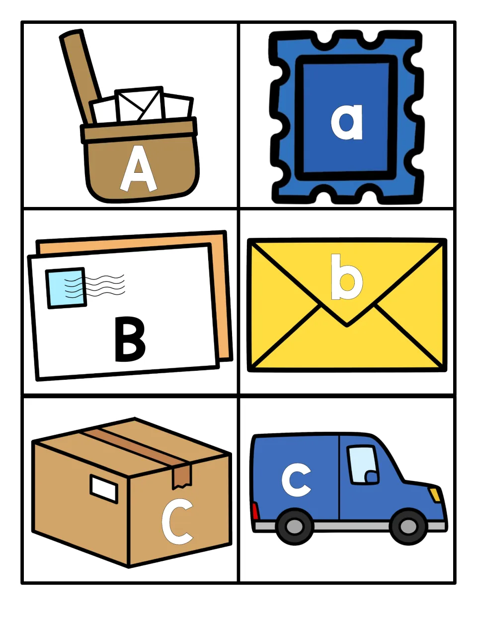 Letters A to C: uppercase A, B, C on a mailbag, letter and box, paired with lowercase a, b, c on stamp, envelope and van