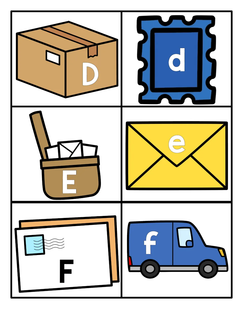 Letters D to F: uppercase D on a box, E on a mailbag, F on a letter, plus lowercase d, e, f on stamp, envelope and van
