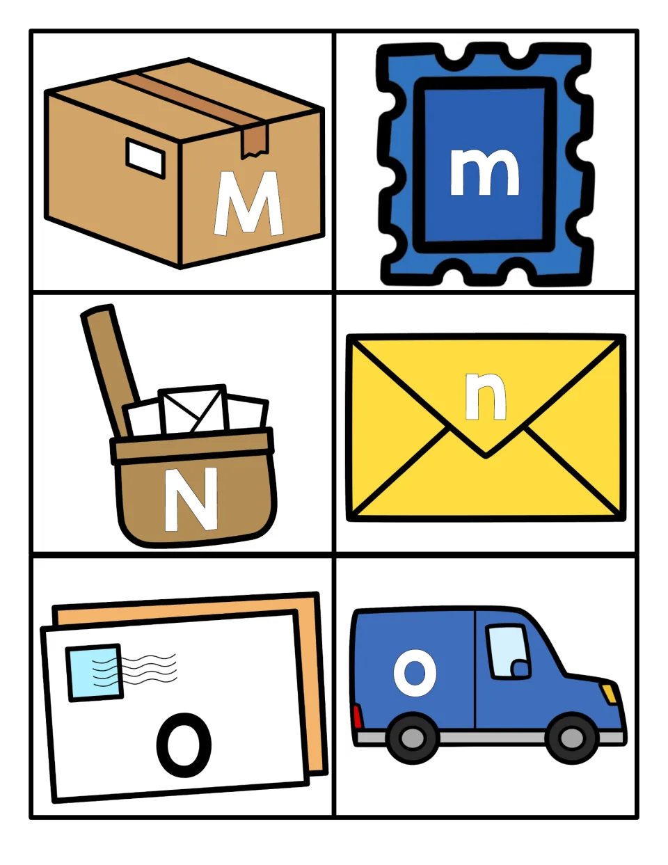 Letters M to O: capital M on a parcel, N on a mailbag, O on a letter, beside lowercase m, n, o on stamp, envelope and truck