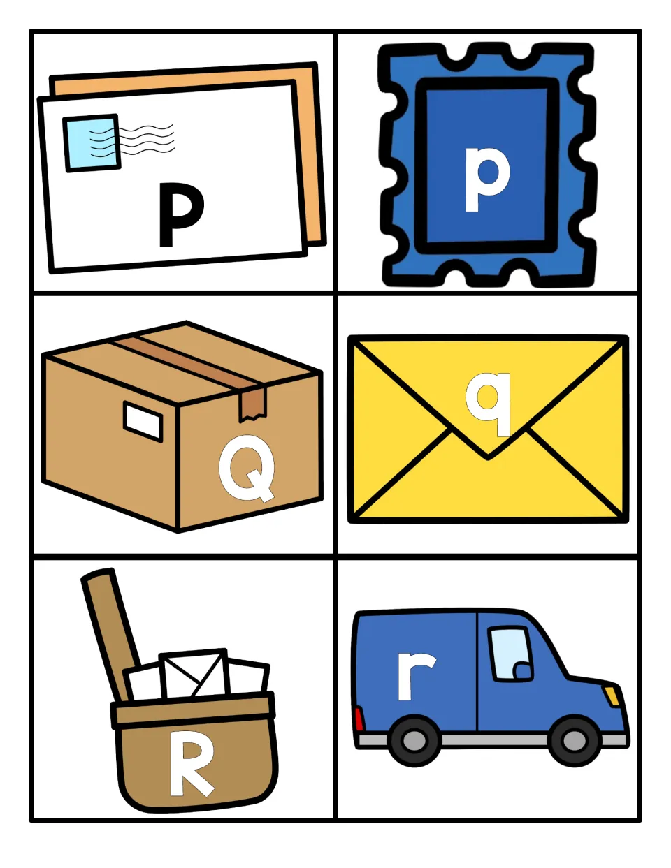 Letters P to R: uppercase P on a letter, Q on a box, R on a mailbag, with lowercase p, q, r on stamp, envelope and van