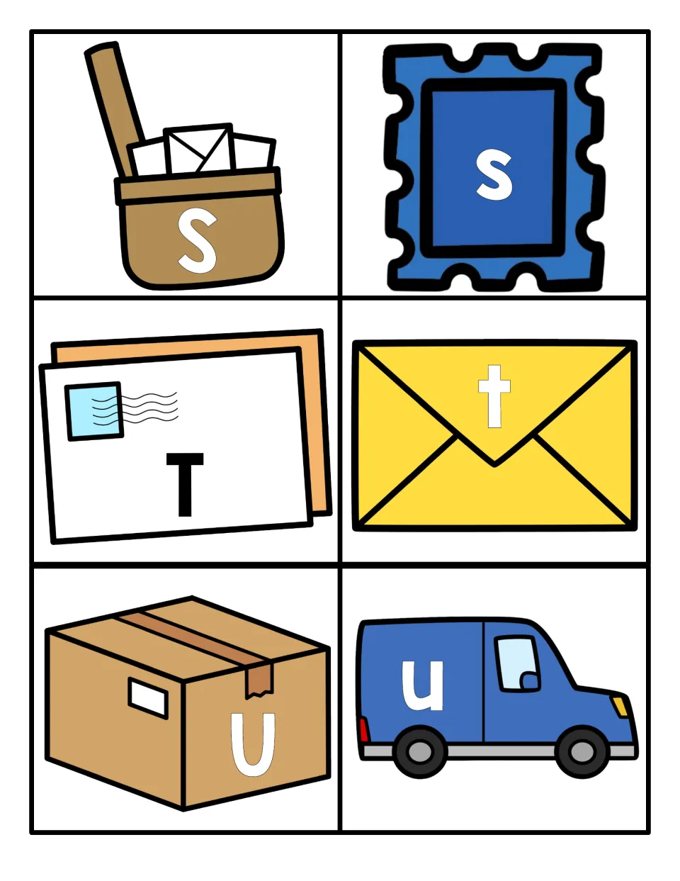 Letters S to U: capital S on a mailbag, T on a letter, U on a parcel, with lowercase s, t, u on stamp, envelope and truck