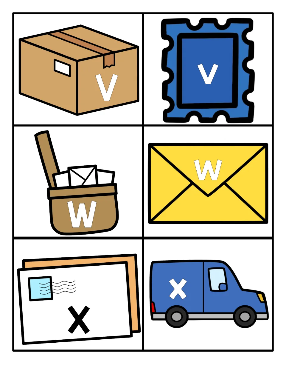 Letters V to X: uppercase V on a box, W on a mailbag, X on a letter, next to lowercase v, w, x on stamp, envelope and van