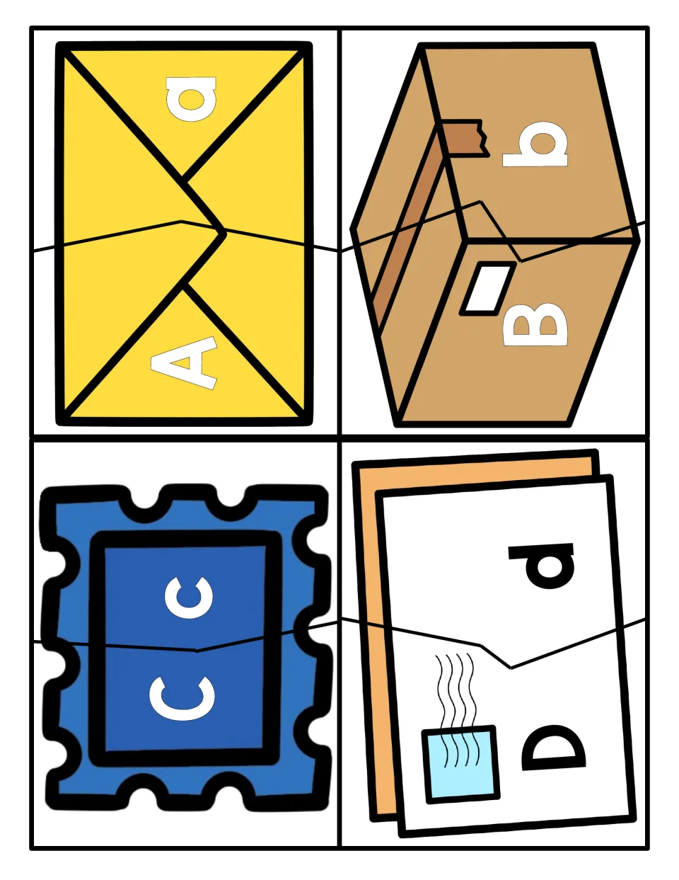Letters A to D: students join two-piece envelope, box, stamp and letter puzzles, matching uppercase to lowercase