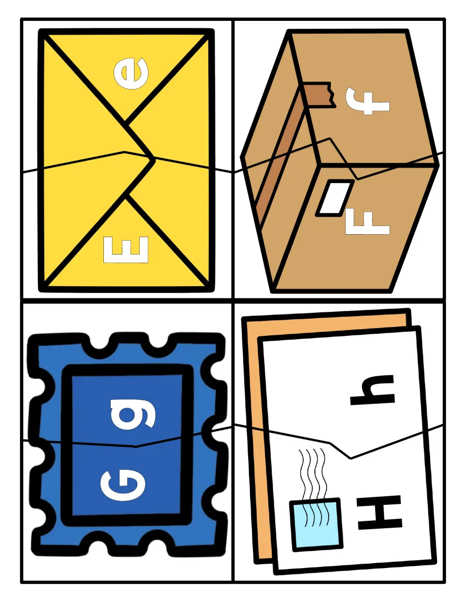 Letters E to H: students join two halves of each mail picture to match E, F, G, H with e, f, g, h