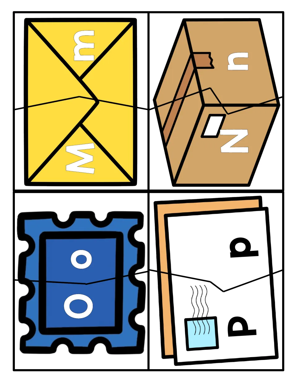 Letters M to P: students put together envelope, box, stamp and letter halves pairing M, N, O, P with m, n, o, p