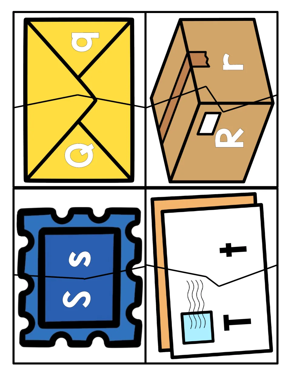 Letters Q to T: students join two-piece mail pictures to match uppercase Q, R, S, T with lowercase q, r, s, t