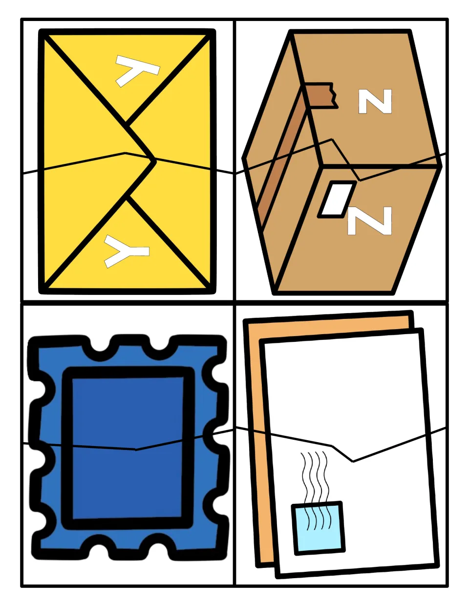 Letters Y and Z: envelope and box puzzles pair Y with y and Z with z, plus blank stamp and letter puzzles