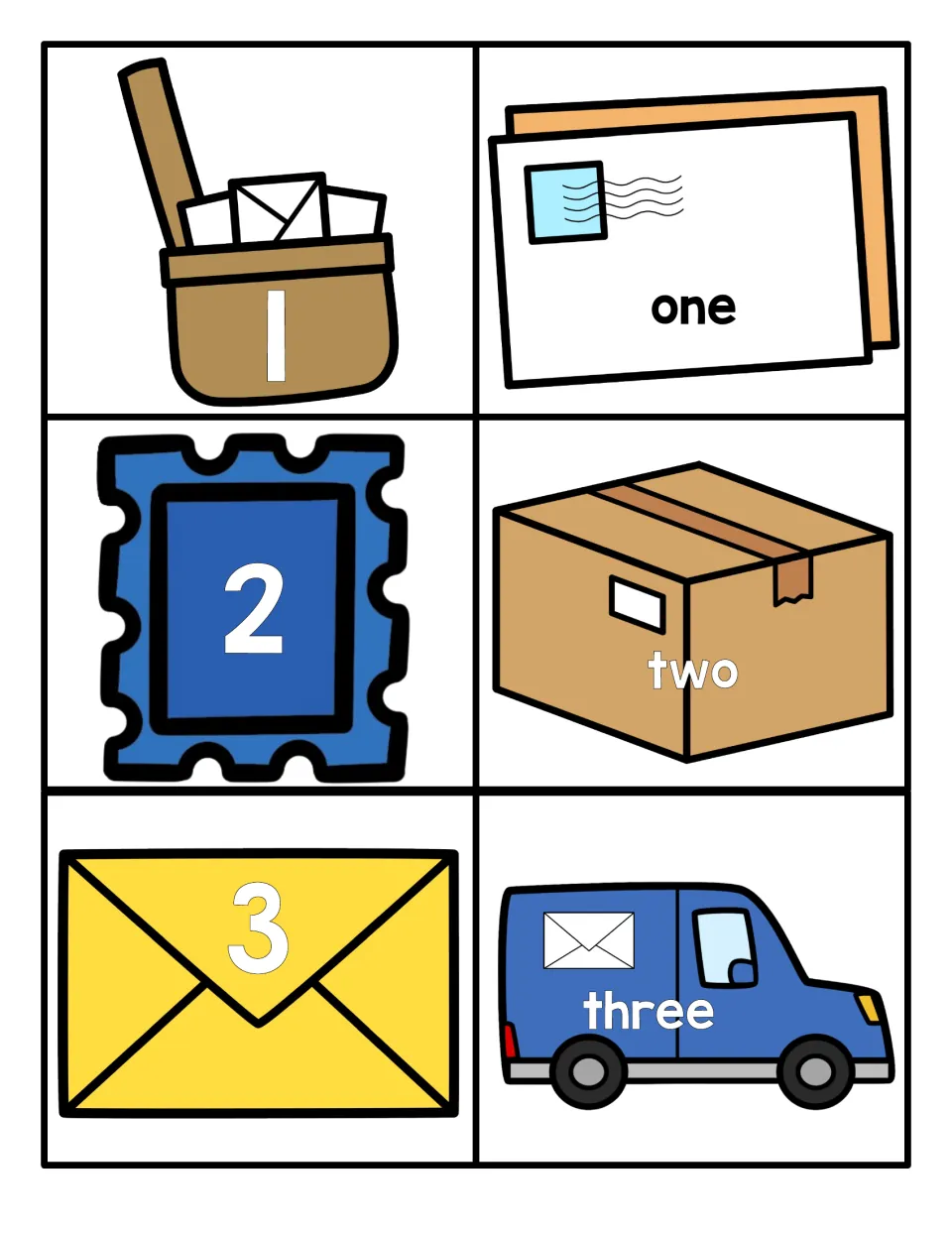 Numbers 1 to 3 matching cards: numerals on a mailbag, stamp and envelope pair with words one, two, three on mail items