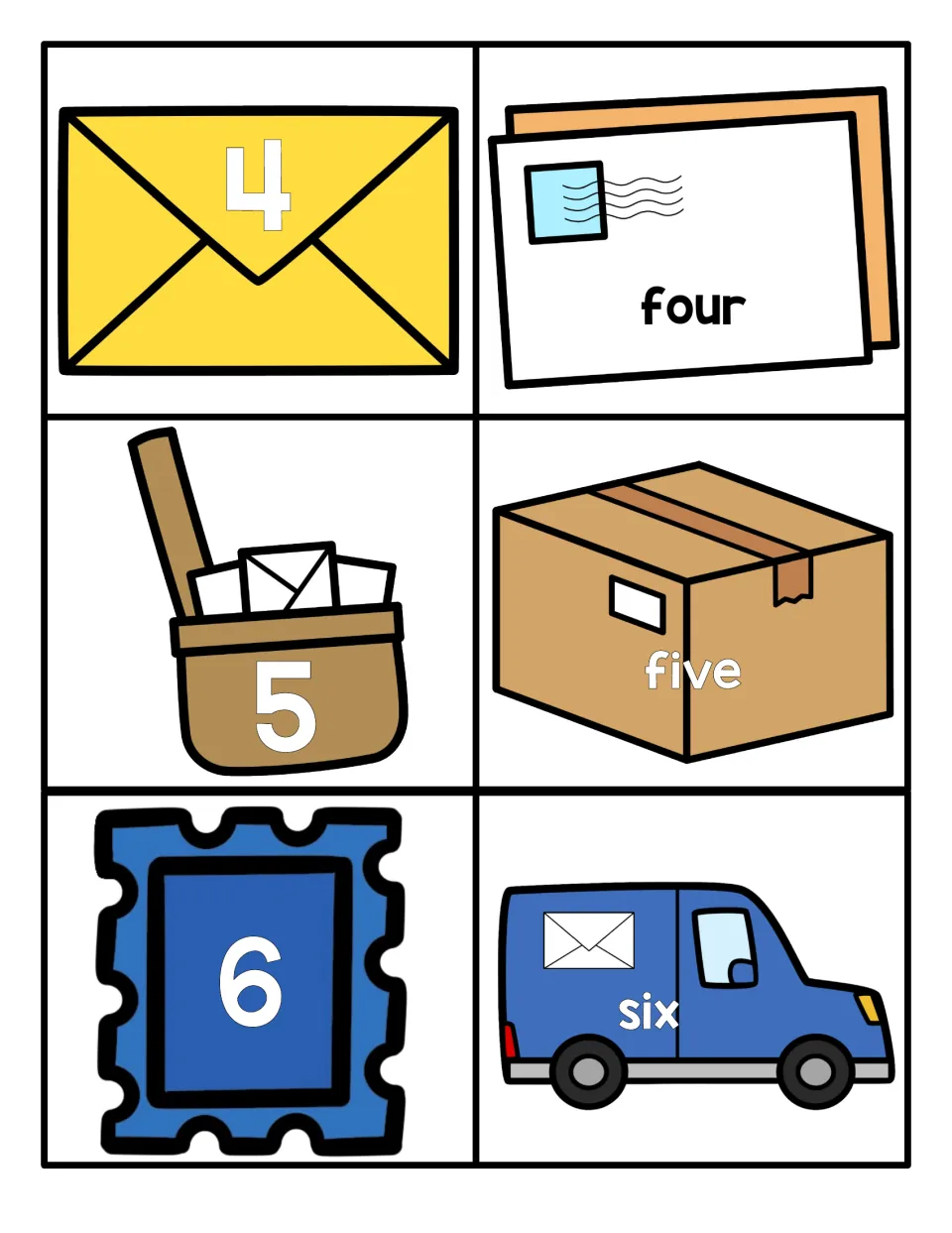 Numbers 4 to 6: numeral cards on an envelope, mailbag and stamp match the word cards four, five and six on mail pictures