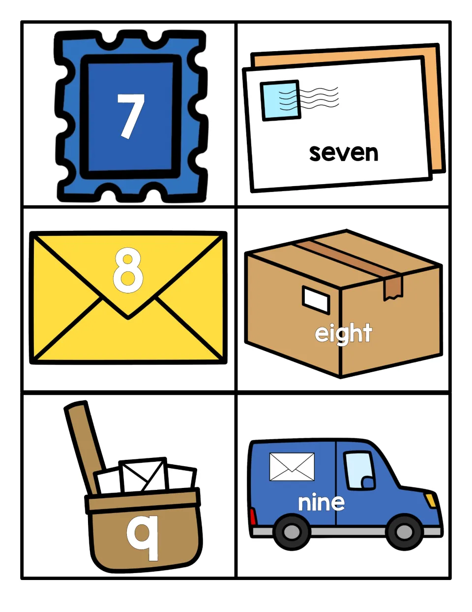 Numbers 7 to 9 cards: students match the numerals 7, 8 and 9 on postal pictures to the number words seven, eight and nine