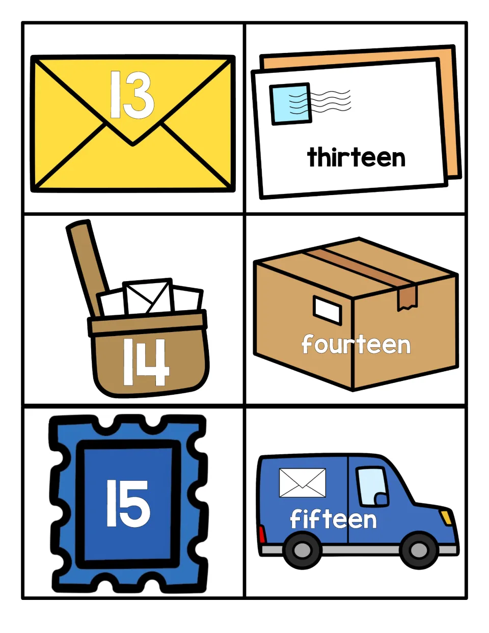 Teen numbers 13 to 15: numeral cards on an envelope, mailbag and stamp match the words thirteen, fourteen and fifteen