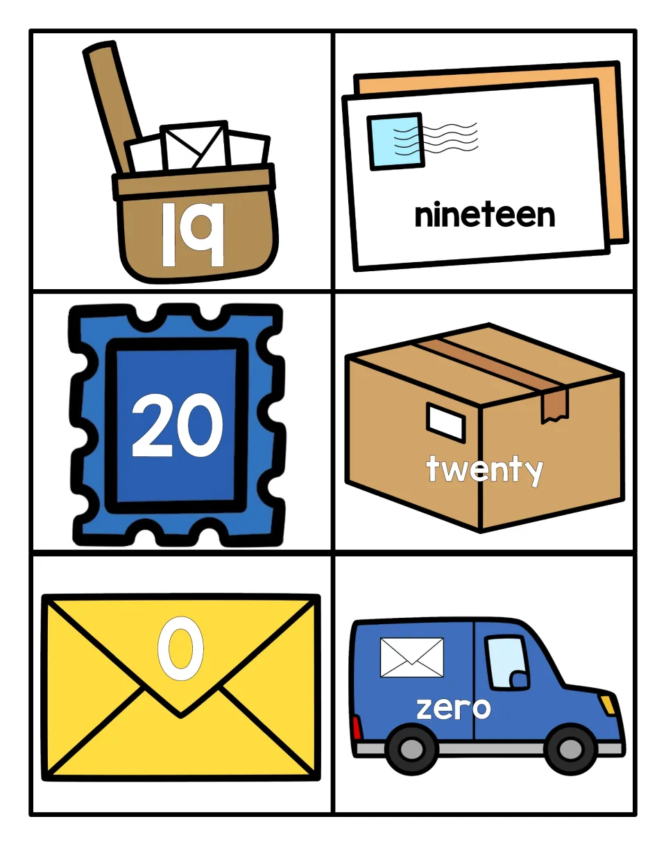 Numbers 19, 20 and 0: numeral cards on a mailbag, stamp and envelope pair with the words nineteen, twenty and zero