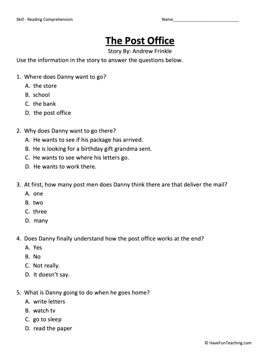 Post Office comprehension questions: students answer 5 multiple-choice items about Danny and the story, choices A to D