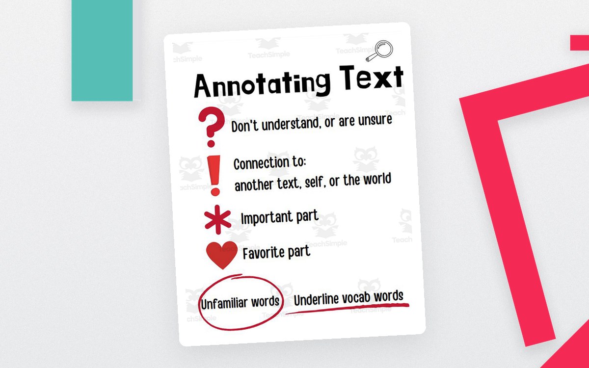 Annotating Text poster with symbols for confusion, connection, importance, favorite part, unfamiliar word, and weak-word underline.
