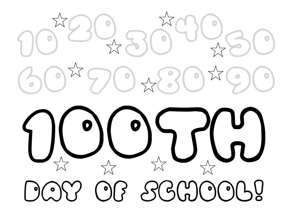 Coloring poster for the 100th day of school, featuring numbers 10 through 90 by tens and '100TH DAY OF SCHOOL!'