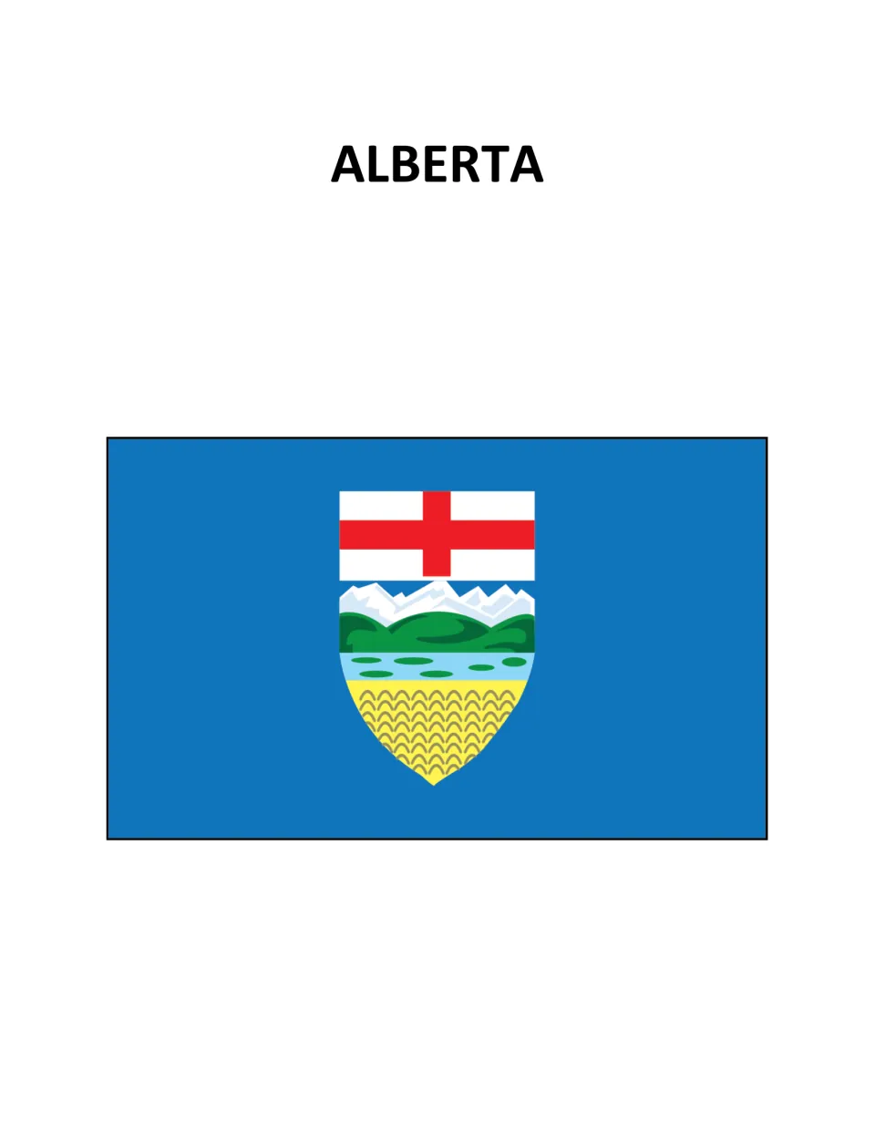 Alberta flag poster: blue flag with a shield showing a red cross, snowy mountains, green hills and a wheat field