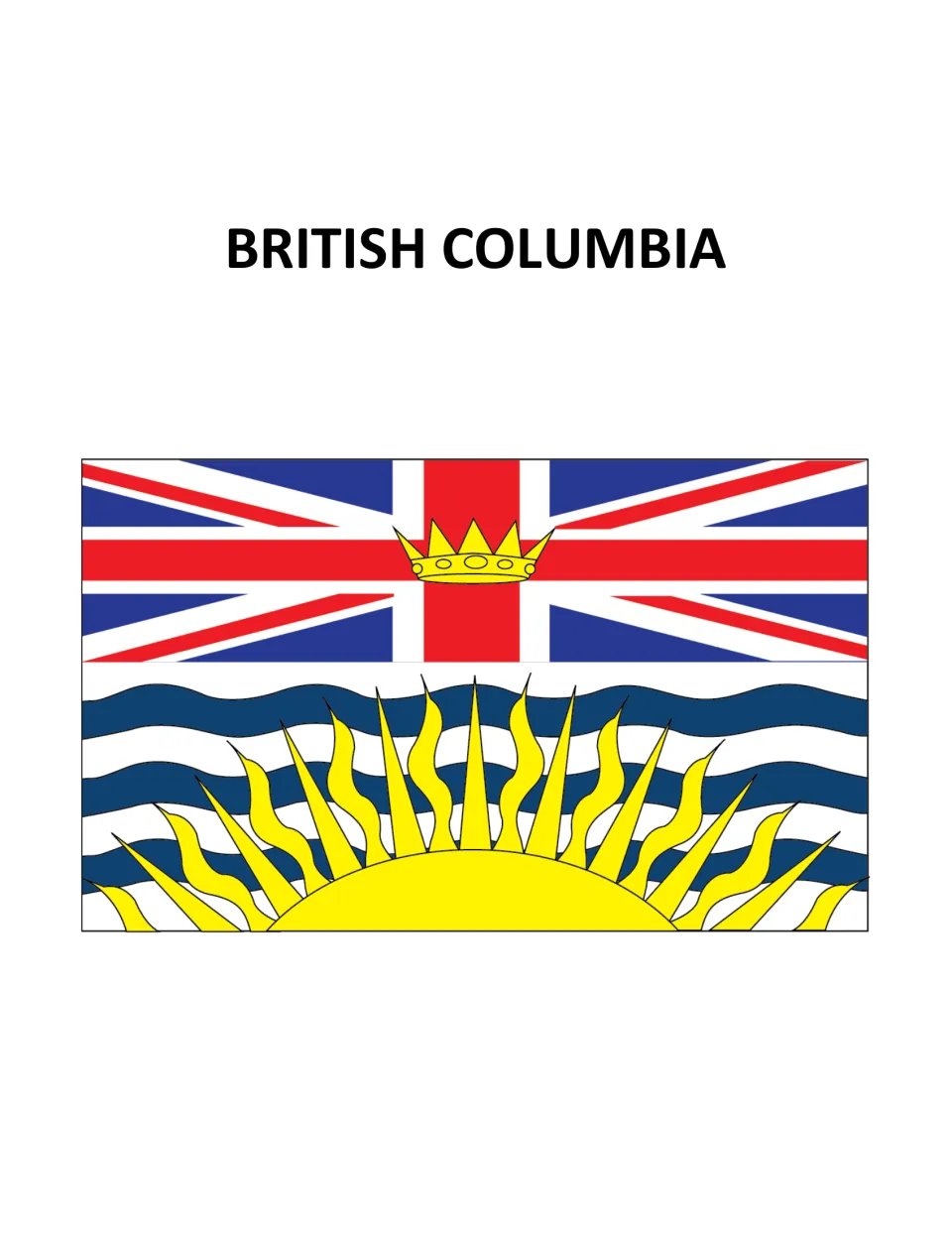 British Columbia flag poster: Union Jack with a crown above a half sun over blue and white wavy stripes