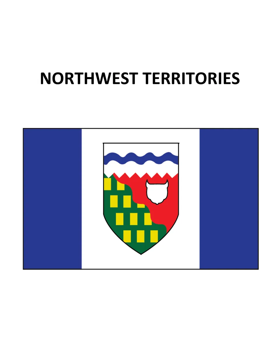 Northwest Territories flag poster: blue side bands and a white centre with a shield of wavy stripes and a fox head