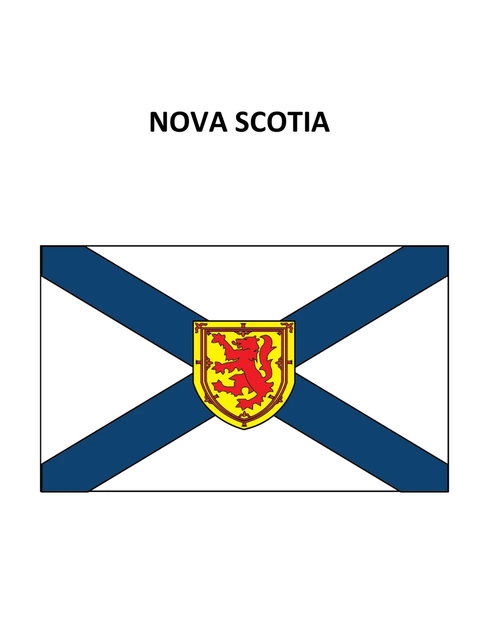 Nova Scotia flag poster: blue diagonal cross on white with a gold shield showing a red rampant lion at the centre