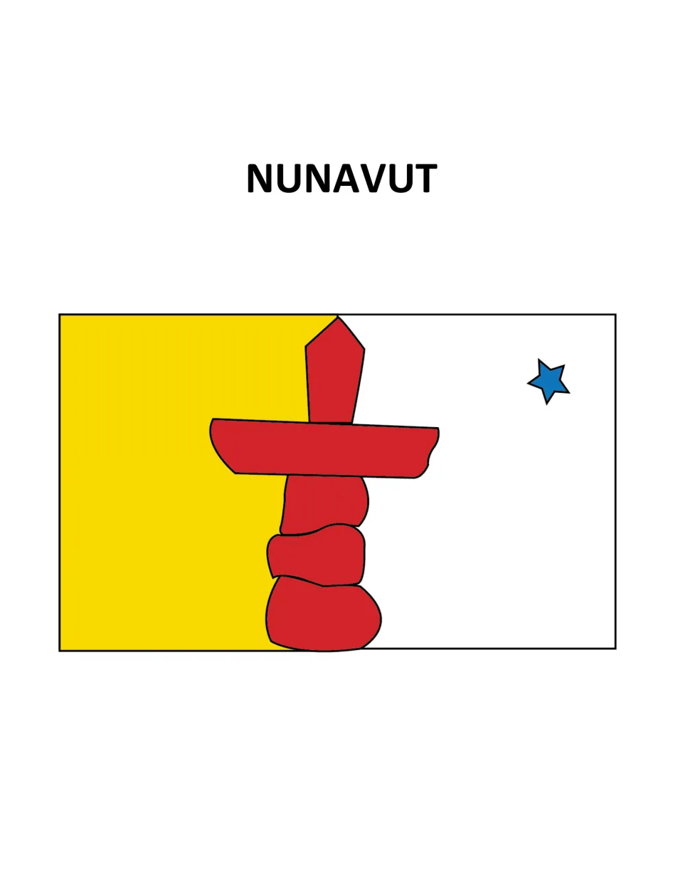 Nunavut flag poster: yellow and white halves with a red inukshuk down the middle and a blue star in the top corner