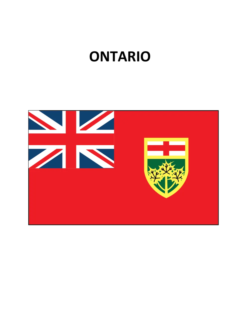 Ontario flag poster: red ensign with the Union Jack and a shield showing a red cross above three gold maple leaves