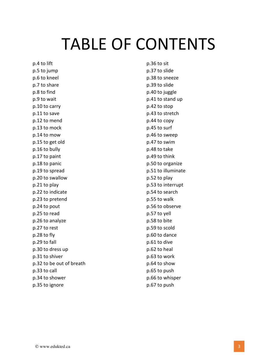 Table of contents: 64 verb entries by page number, from to lift on p.4 through to push on p.67, including to juggle