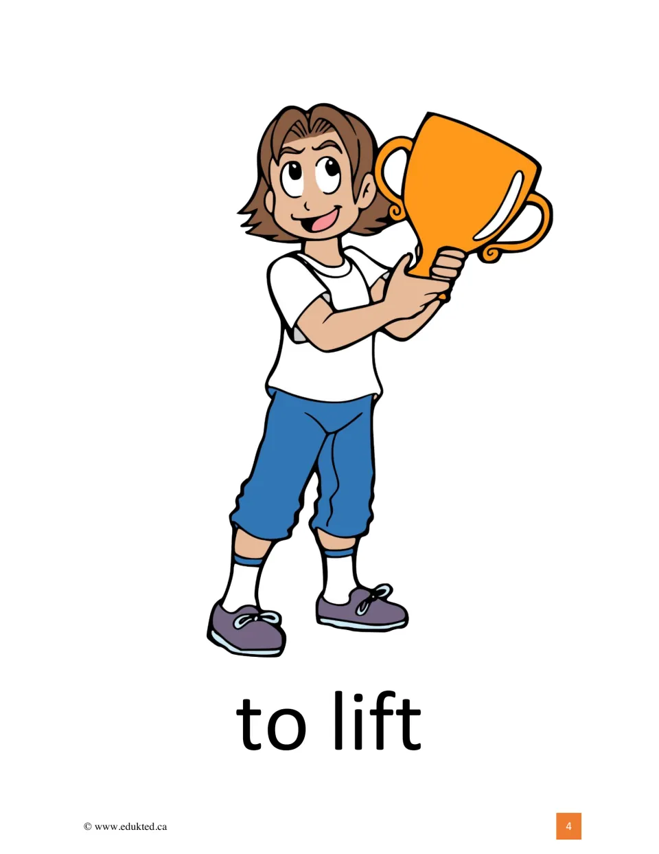 To lift: a smiling child raises an orange trophy with both hands, labeled with the verb in large letters for vocabulary