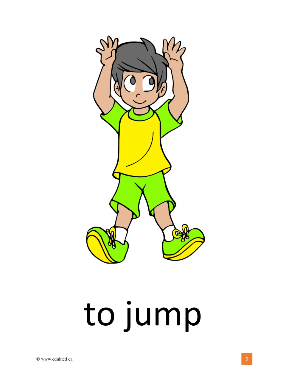 To jump: a boy in a yellow shirt and green shorts leaps with both arms raised, labeled with the action word in large print