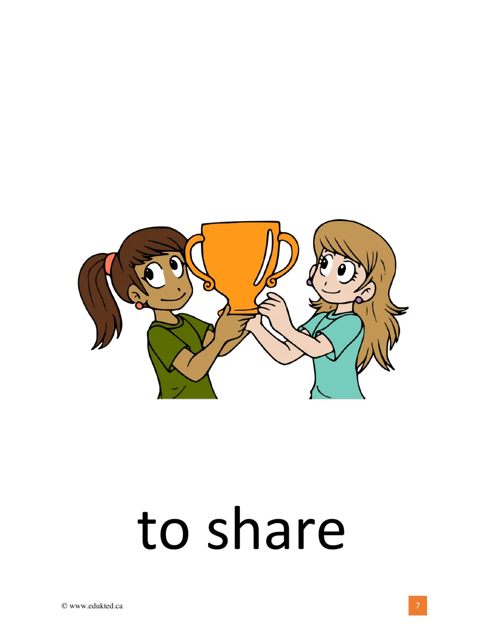 To share: two girls hold one orange trophy together and smile at each other, captioned with the verb in bold letters