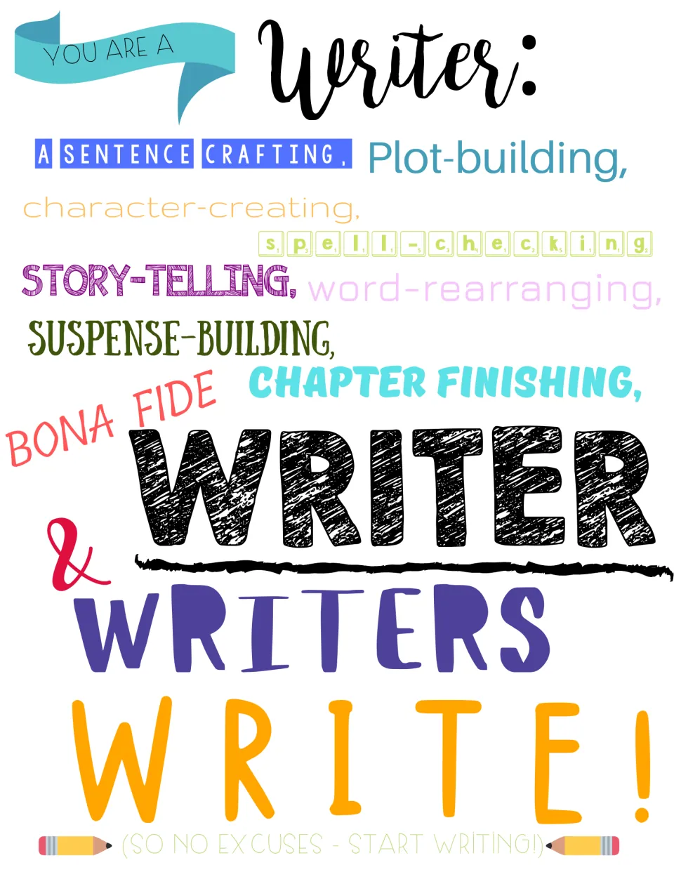 Writing poster declaring 'You are a writer' and 'Writers write!' with sentence crafting and plot building.