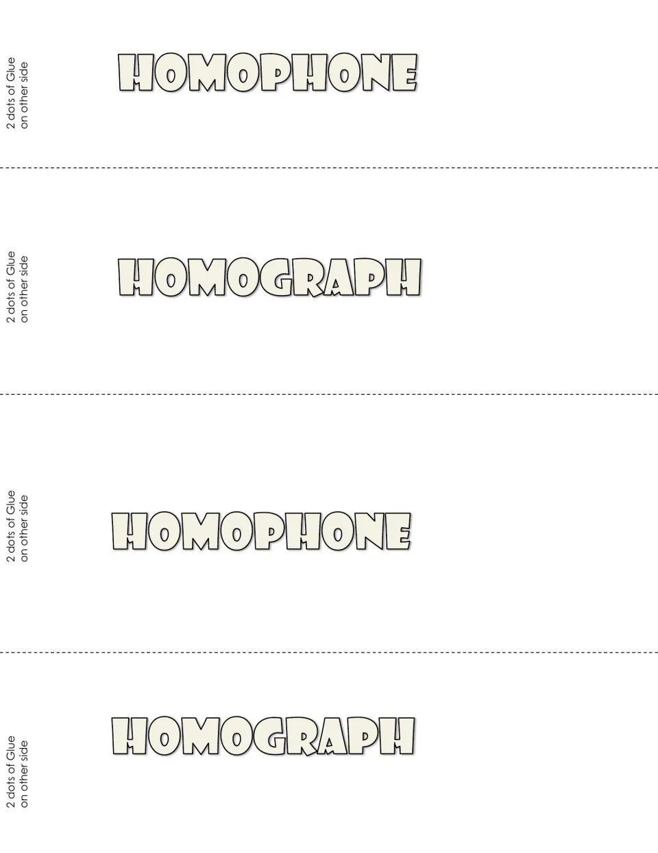 Interactive notebook flaps: four cut-out strips labeled homophone and homograph with glue marks on the left edge