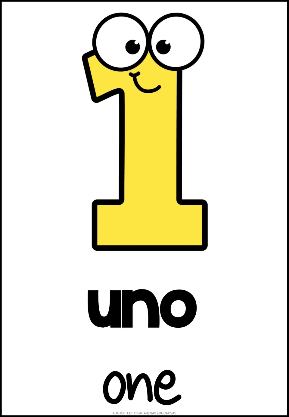 Number 1 poster in the 10-poster set, pairing the numeral 1 with Spanish uno (one) and English one.