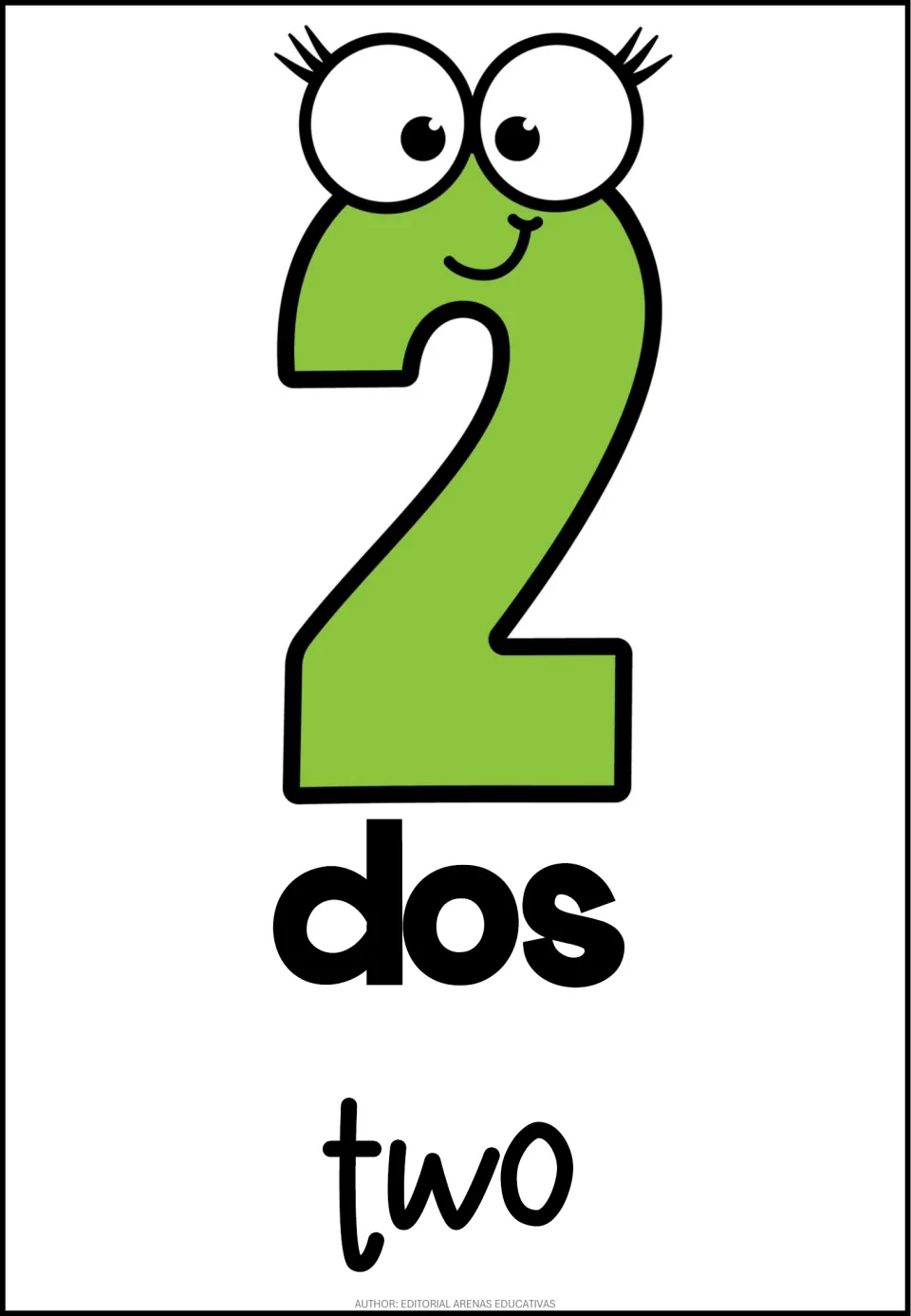 Number 2 poster in the 10-poster set, pairing the numeral 2 with Spanish dos (two) and English two.