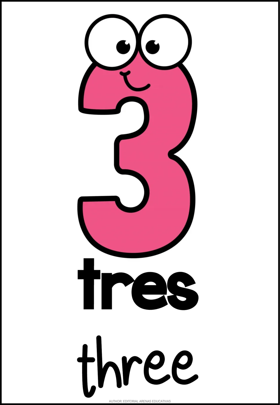 Number 3 poster in the 10-poster set, pairing the numeral 3 with Spanish tres (three) and English three.