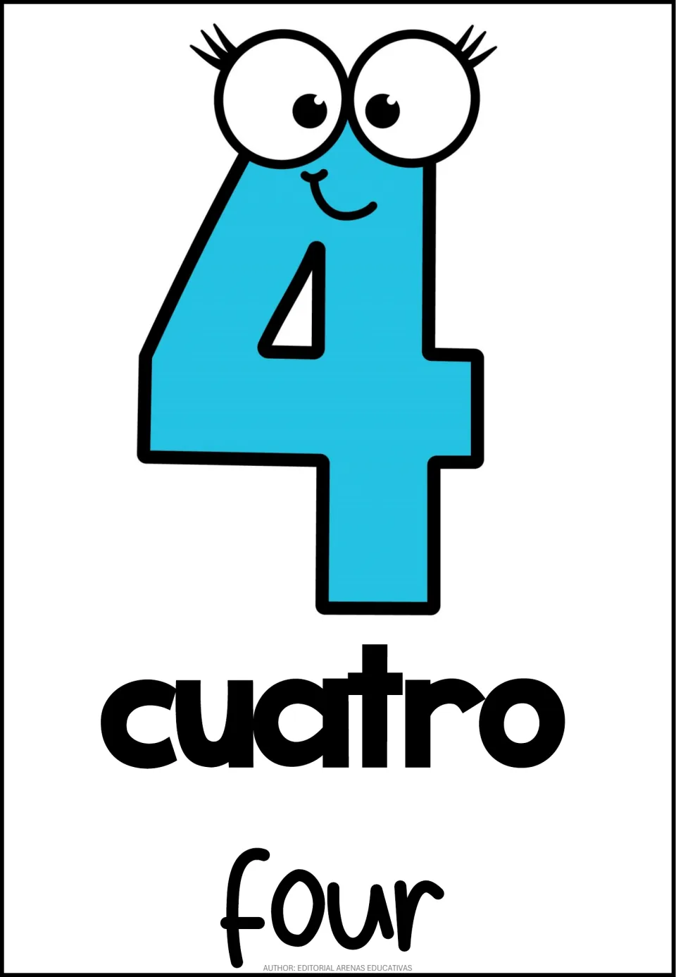 Number 4 poster in the 10-poster set, pairing the numeral 4 with Spanish cuatro (four) and English four.