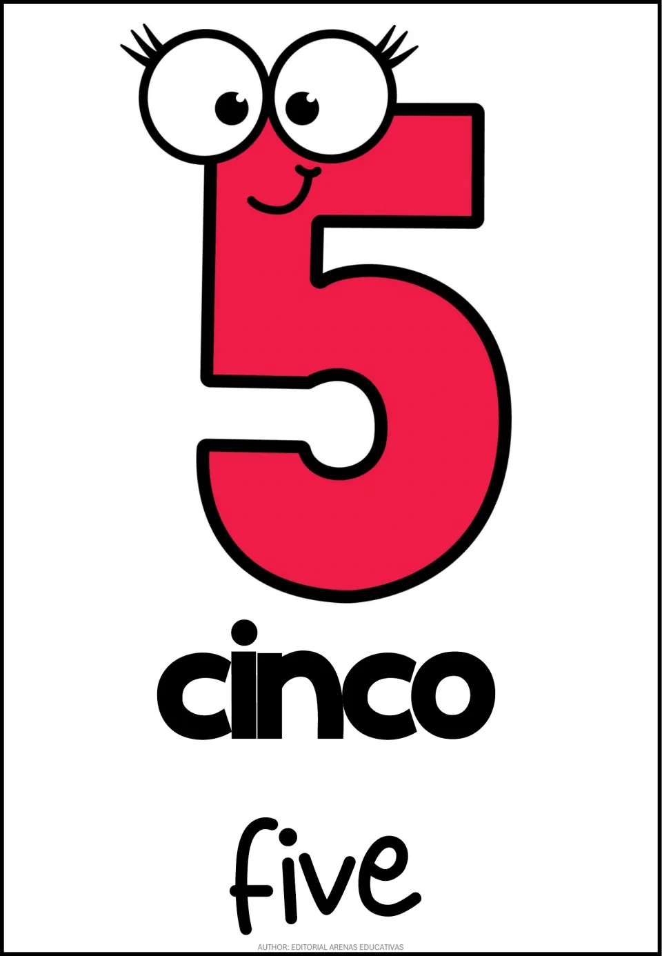 Number 5 poster in the 10-poster set, pairing the numeral 5 with Spanish cinco (five) and English five.