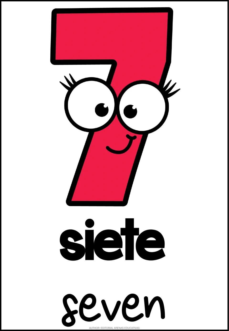 Number 7 poster in the 10-poster set, pairing the numeral 7 with Spanish siete (seven) and English seven.