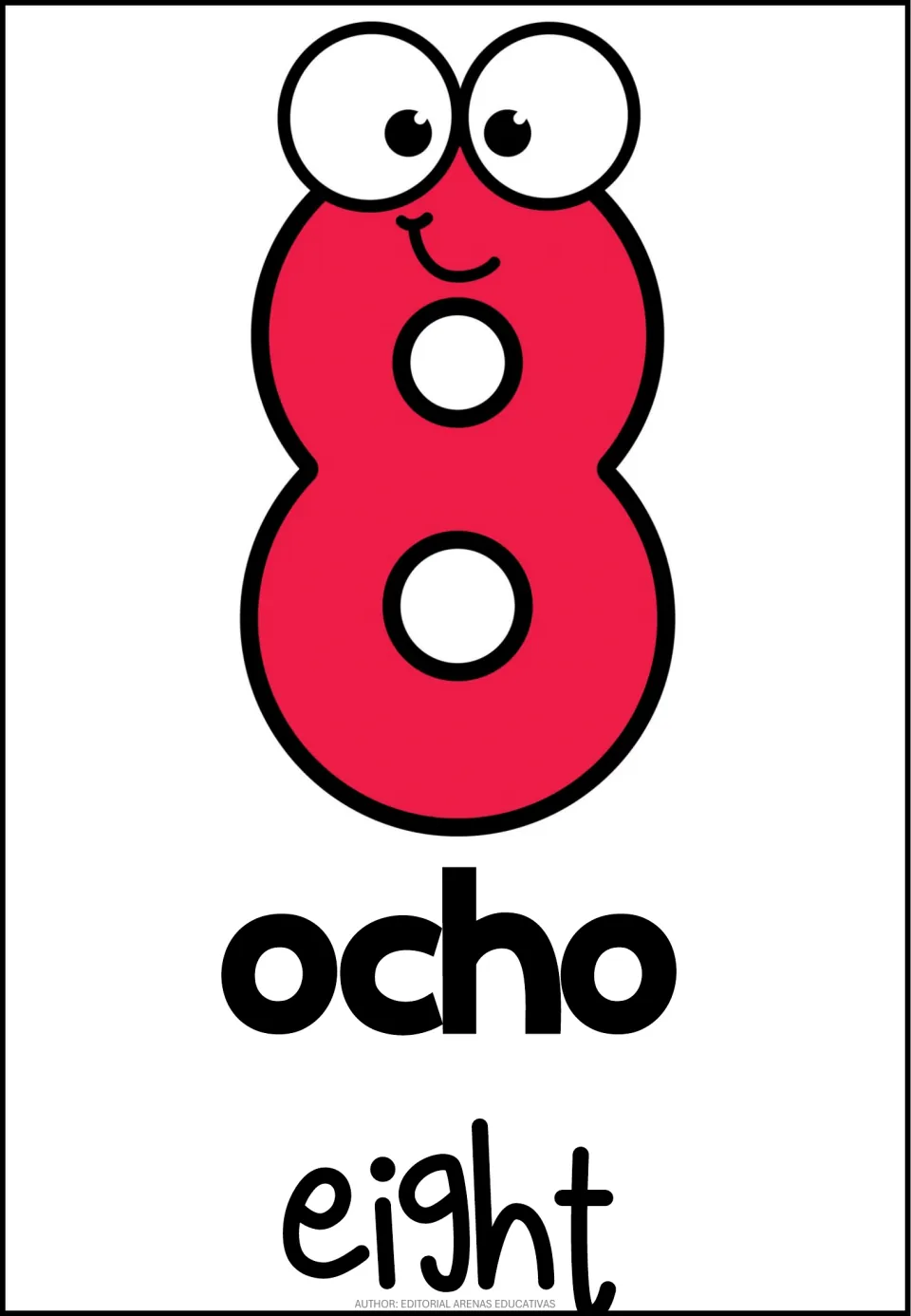 Number 8 poster in the 10-poster set, pairing the numeral 8 with Spanish ocho (eight) and English eight.
