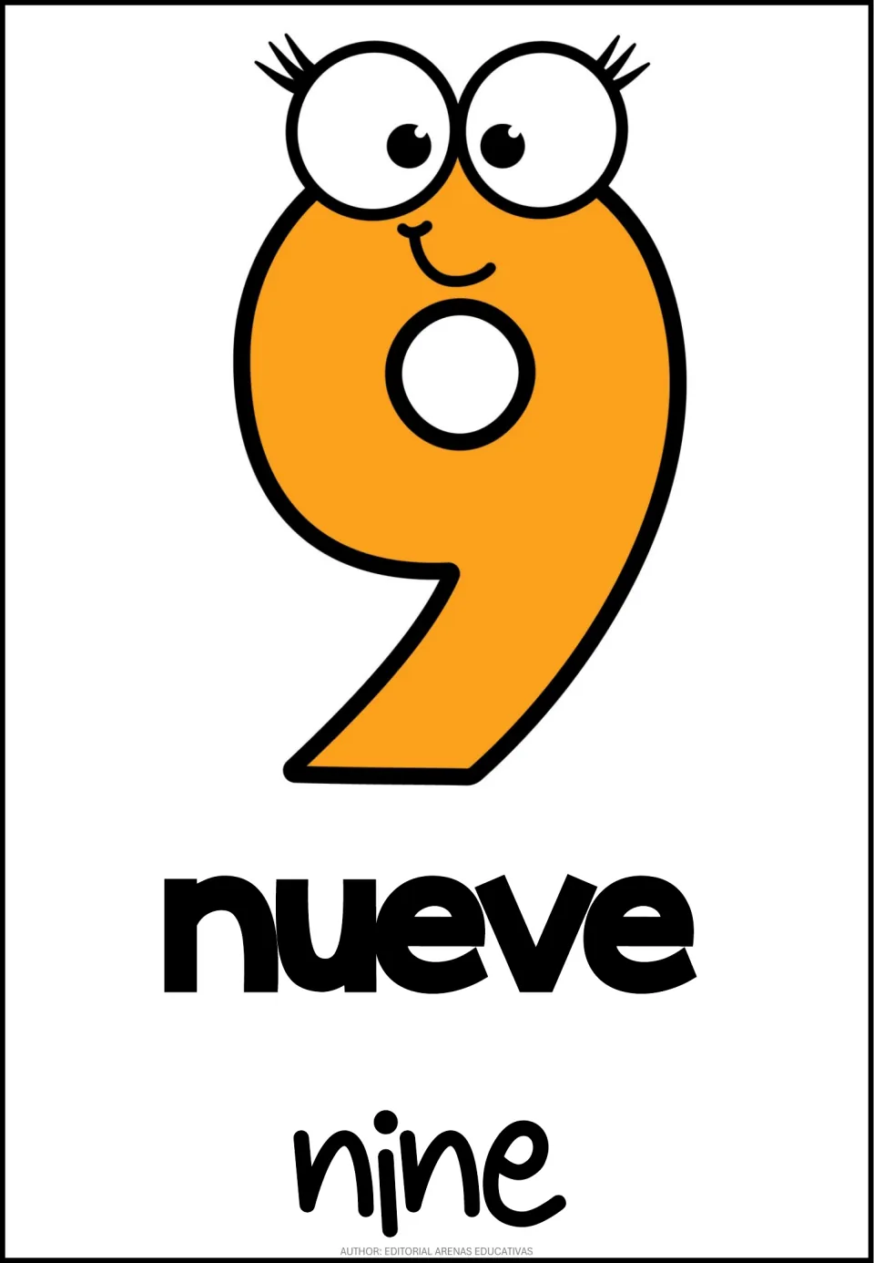 Number 9 poster in the 10-poster set, pairing the numeral 9 with Spanish nueve (nine) and English nine.