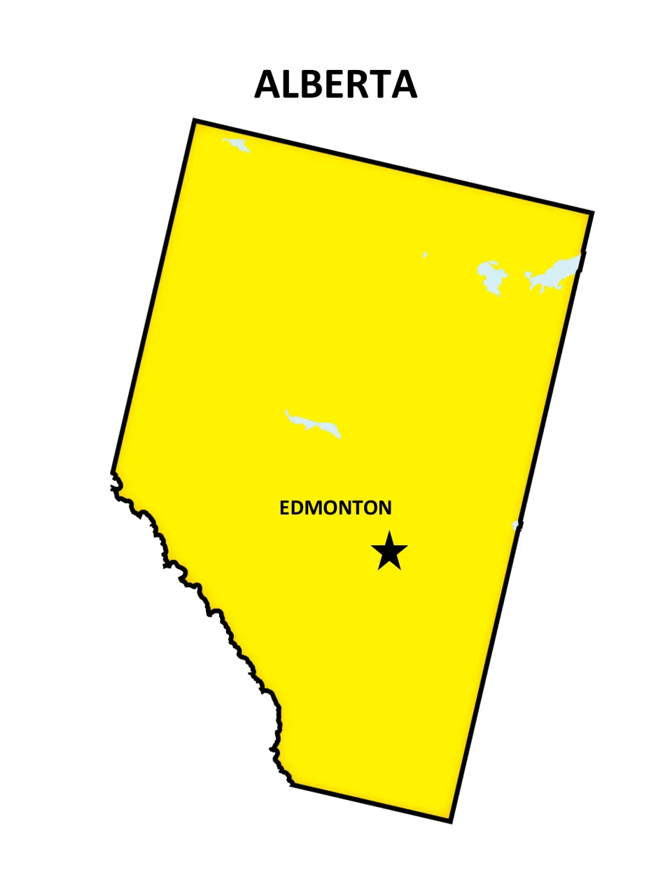 Alberta poster: yellow map of the province with a star marking the capital, Edmonton, and a few lakes shown in blue