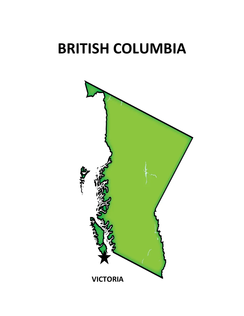 British Columbia poster: green map with its jagged coastline and islands, a star on the capital, Victoria, in the south