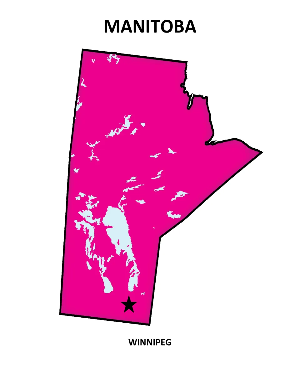 Manitoba poster: pink map showing many lakes, with a star near the southern border marking the capital, Winnipeg