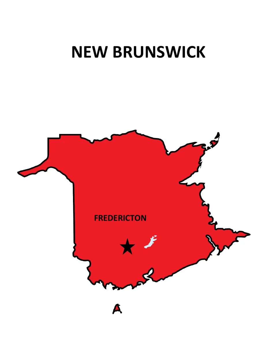 New Brunswick poster: red map of the province with a star in the south-central area marking the capital, Fredericton